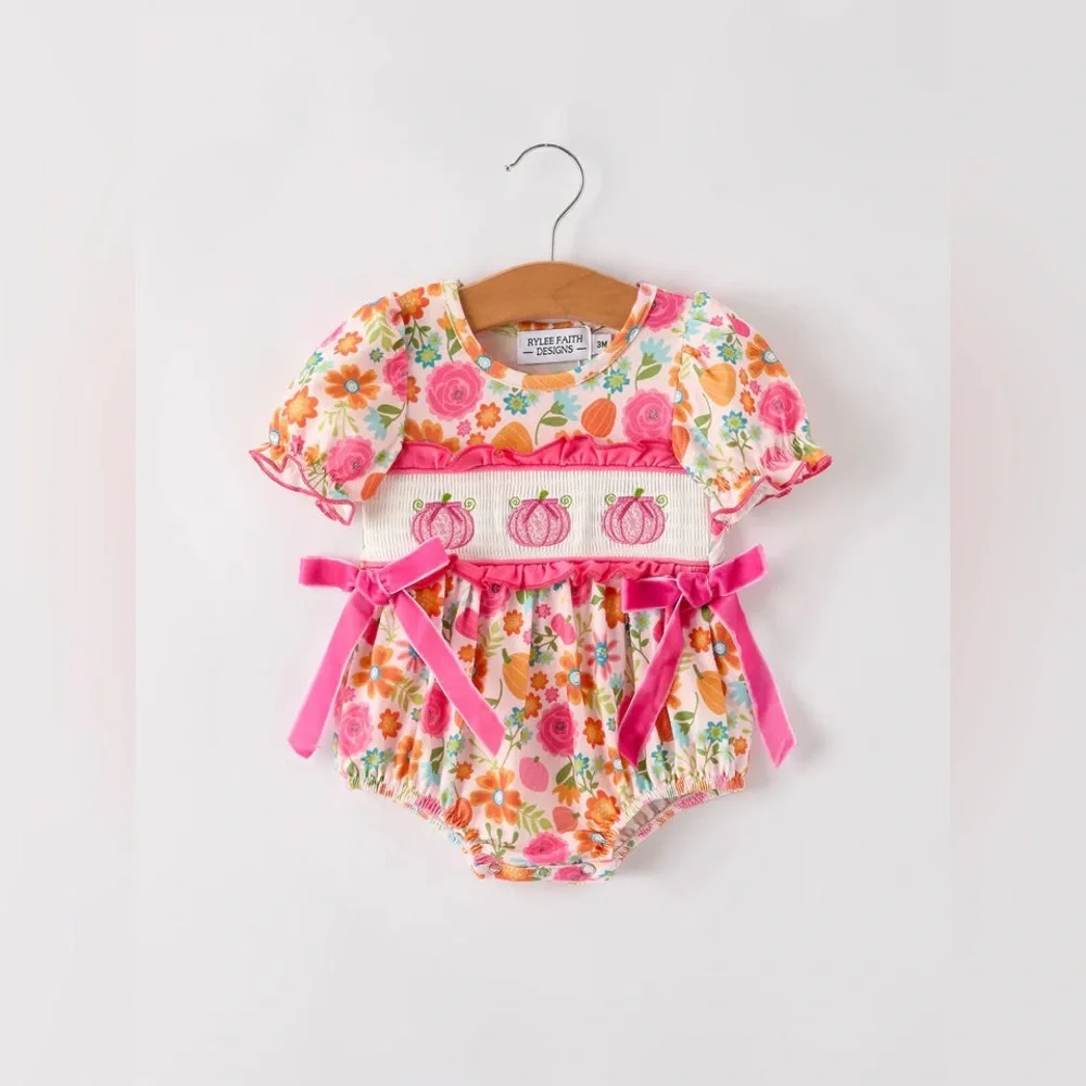 Rylee Faith Designs Autumn Pumpkin Embroidery Smock Floral Romper 3M